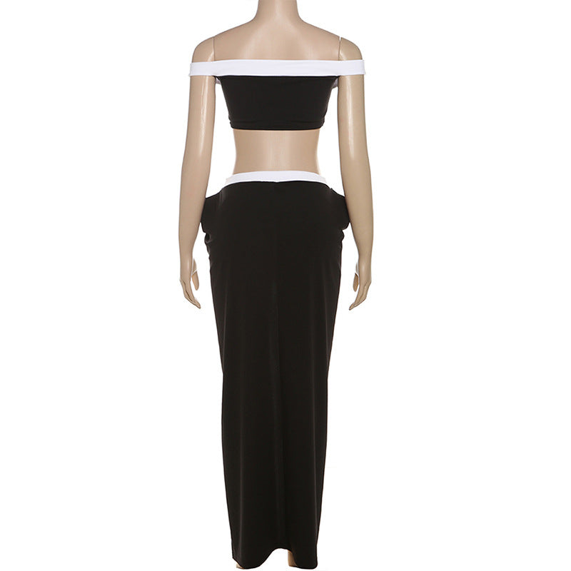 Winter Sexy Off Shoulder Strapless Crop Top High Waist Contrast Slit Skirt Two Piece Set 8