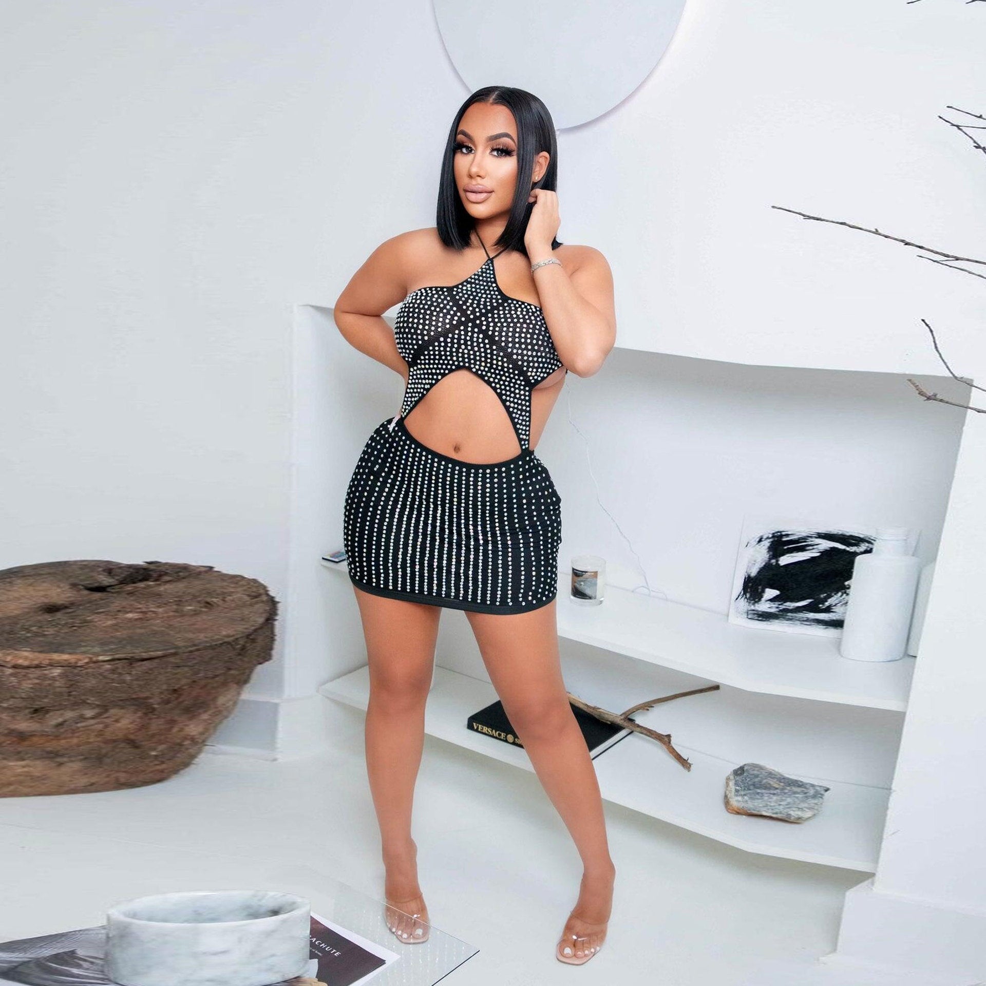 Sexy Slim Halter Lace-Up Backless Cutout Beaded Club Dress