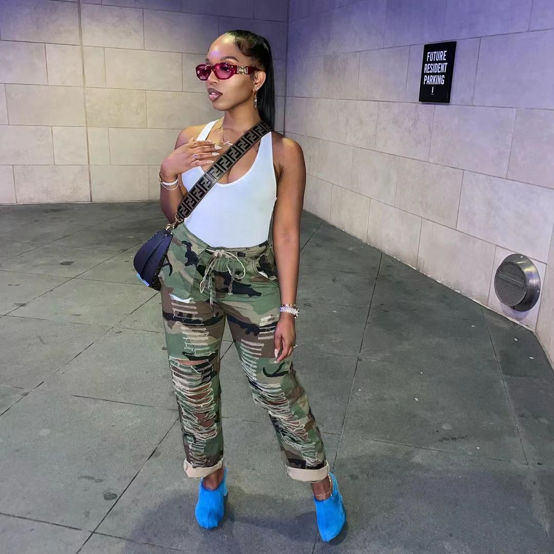 Spring Summer Women's Ripped Hollow Camouflage Long Pants