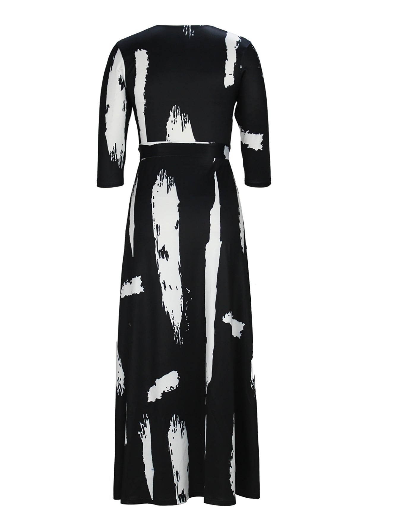 Spring & Autumn Women's Fashion Elegant Wrap V-Neck Half-Sleeve Print Belt Maxi Dress 97
