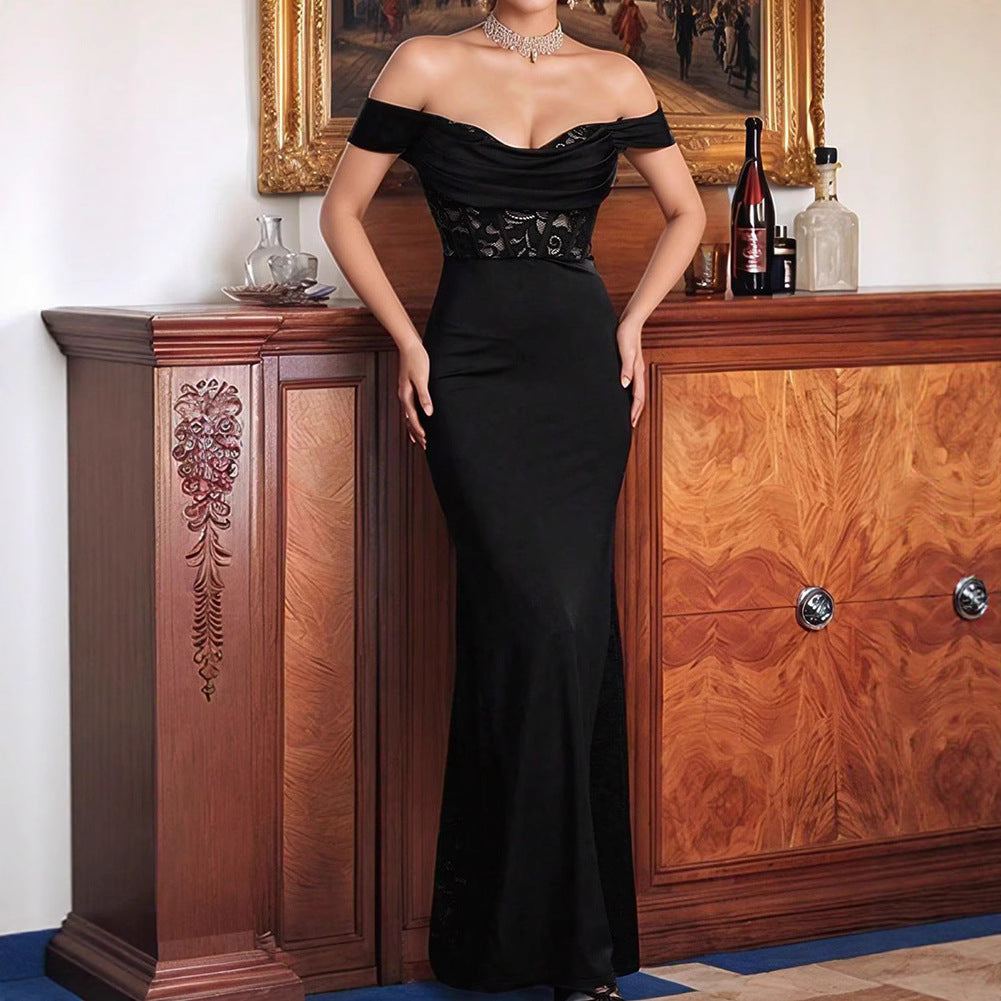 Women spring Summer Off Shoulder Lace Patchwork Evening Dress