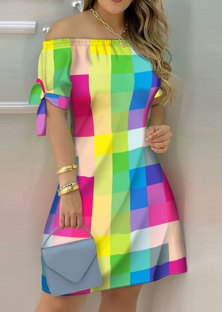 Summer Multicolor Check Printed Off Shoulder Short Sleeve Casual Midi Dress