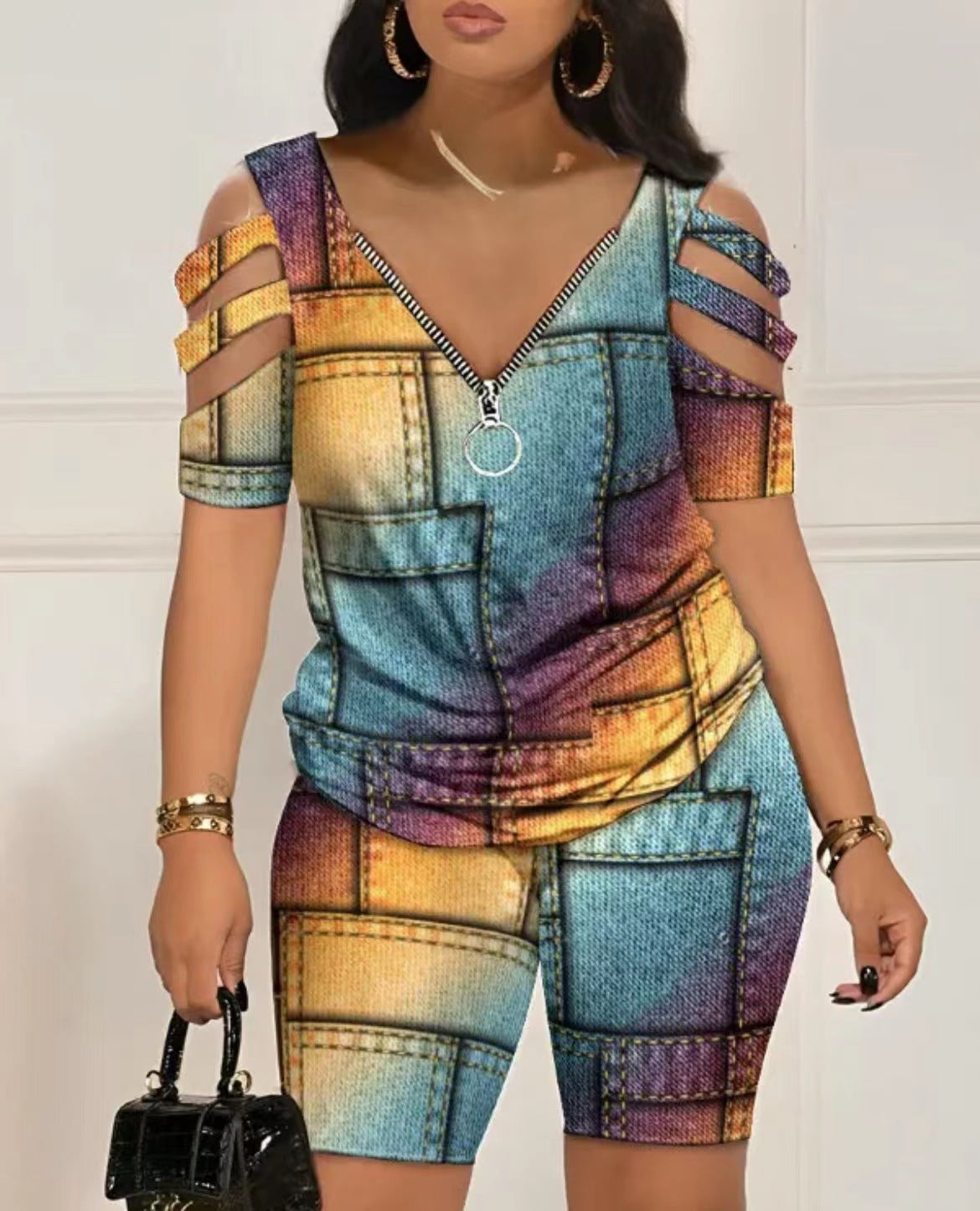 Women Contrasting Color Bandage Print Short Sleeve Top and Shorts Two-Piece Set 9