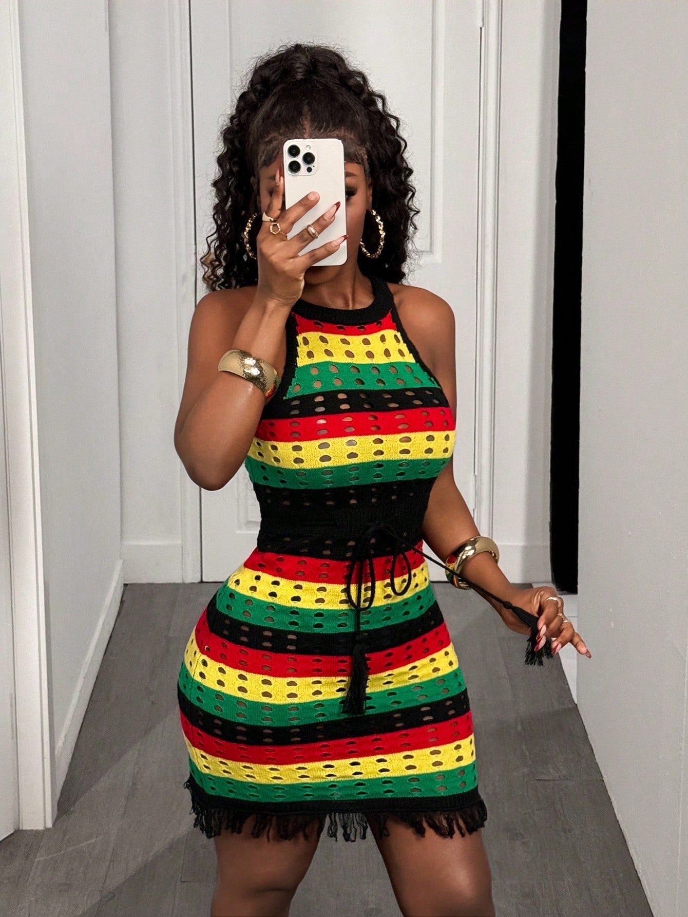 Women Striped Contrast Color Hollow Drawstring Bodycon Tassel Dress 4