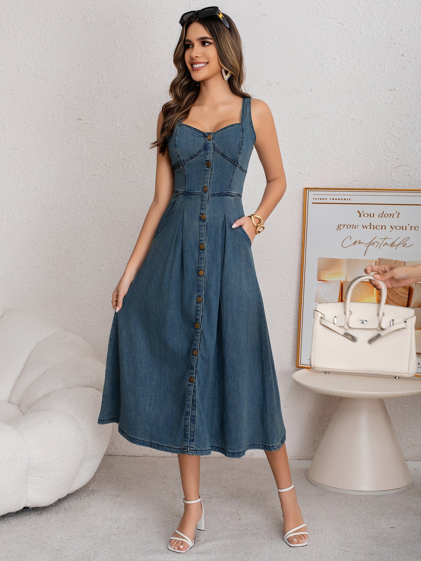 Women Spring/Summer Denim Button Stretchy Slip Dress 8