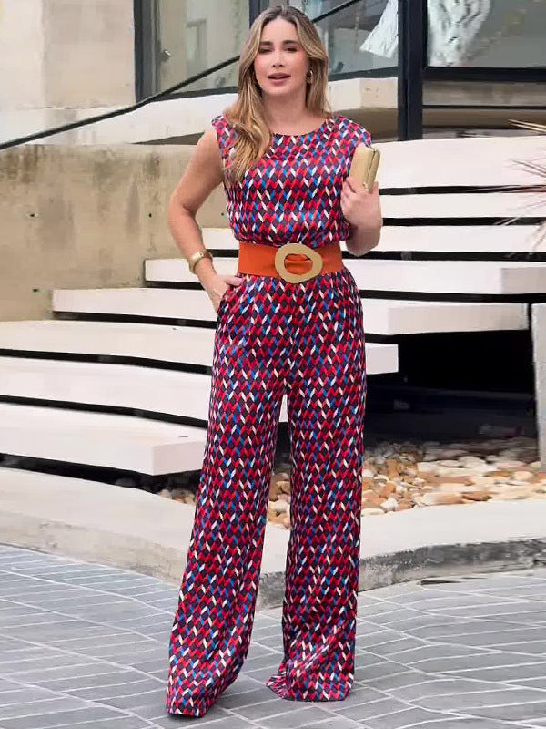 Women Summer Sleeveless Diamond Plaid Wide-Leg Jumpsuit 4