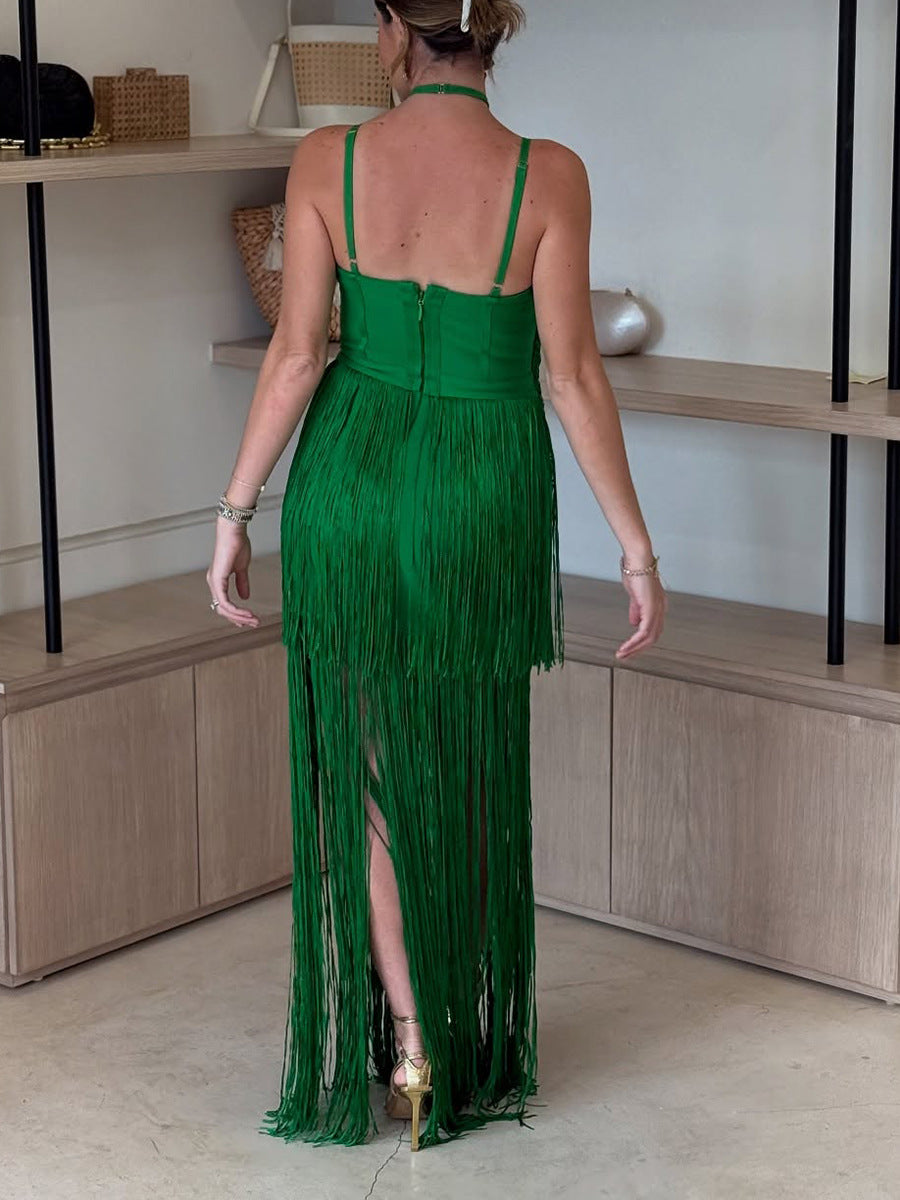 Women Halter Neck Sleeveless Sling Tassel Dress 3