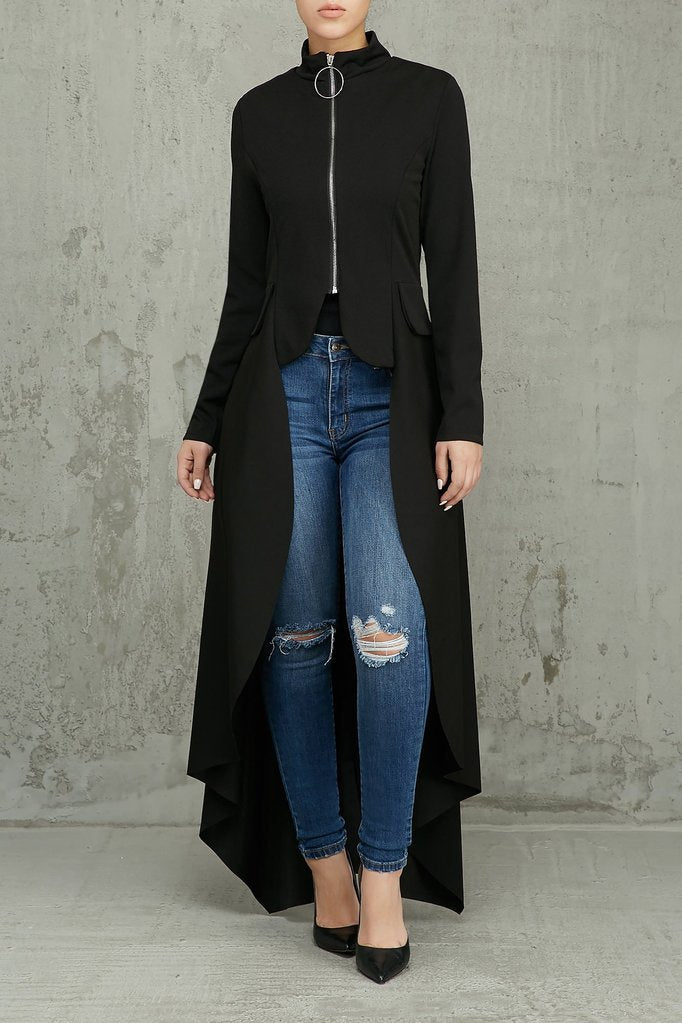 Spring Long-Sleeved High-Neck Slim Zipper Irregular Long Dress 36