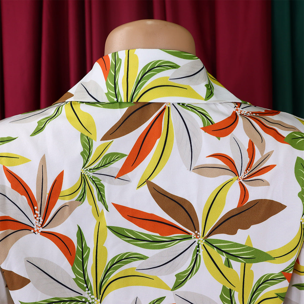 Fashionable Women's Printed Turndown Collar Lace-Up Long Sleeve Shirt 20