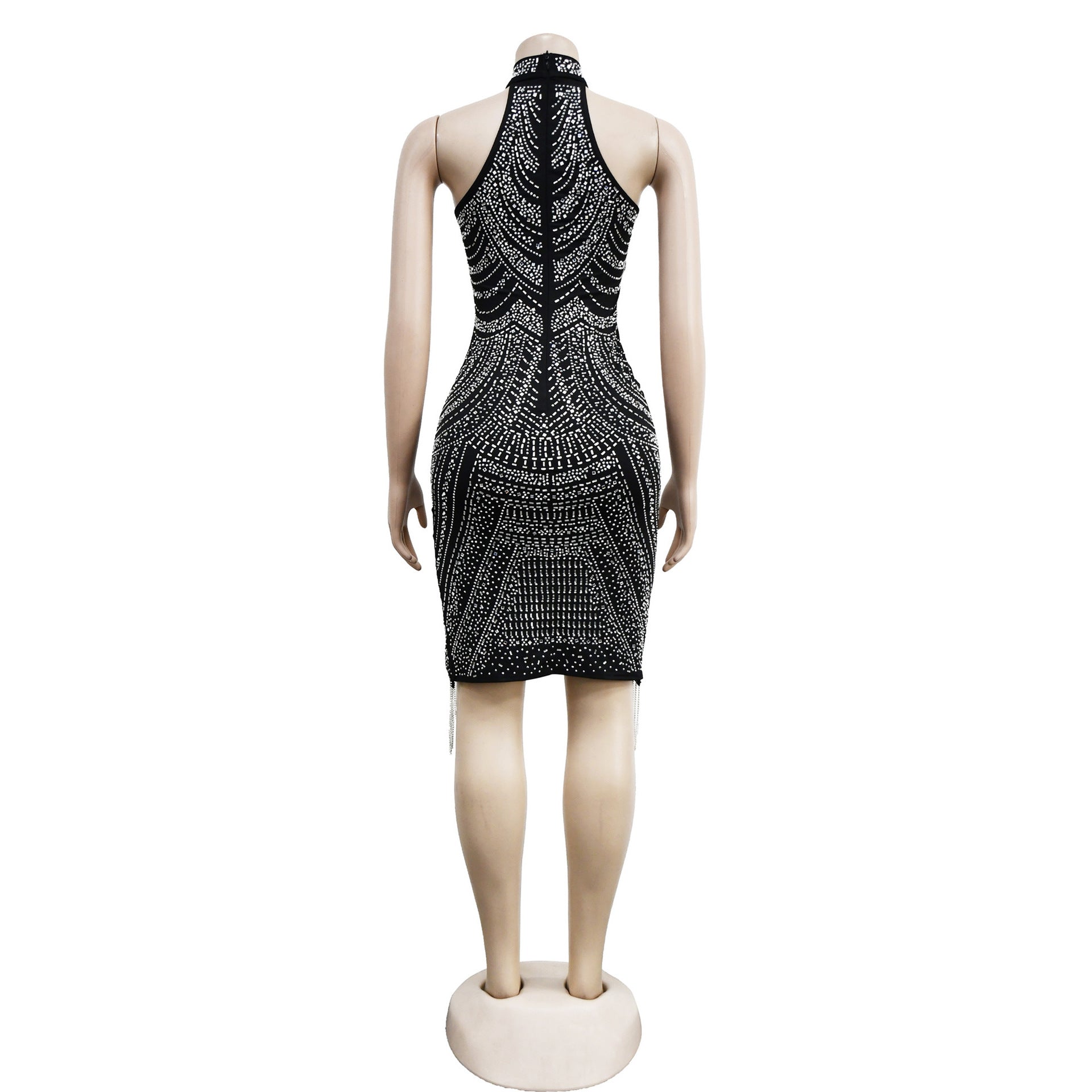 Fashion Ladies Solid Color Beaded Sleeveless Halter Neck Dress Women 17