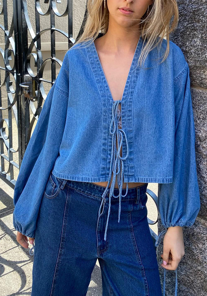 Women's Denim Jacket Y2K Bow Tie Long Sleeve Shirt Puff Sleeve Short Coat