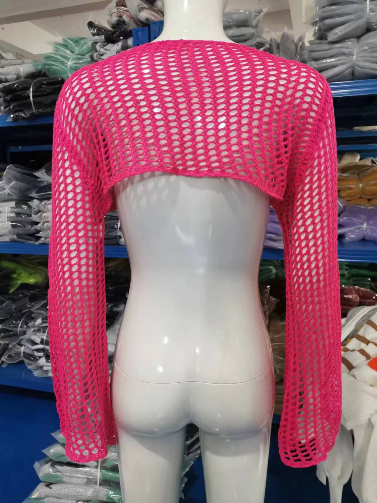 Sexy Hollow Knitting Shirt Solid Color Round Neck Long-Sleeved Cape Blouse 41