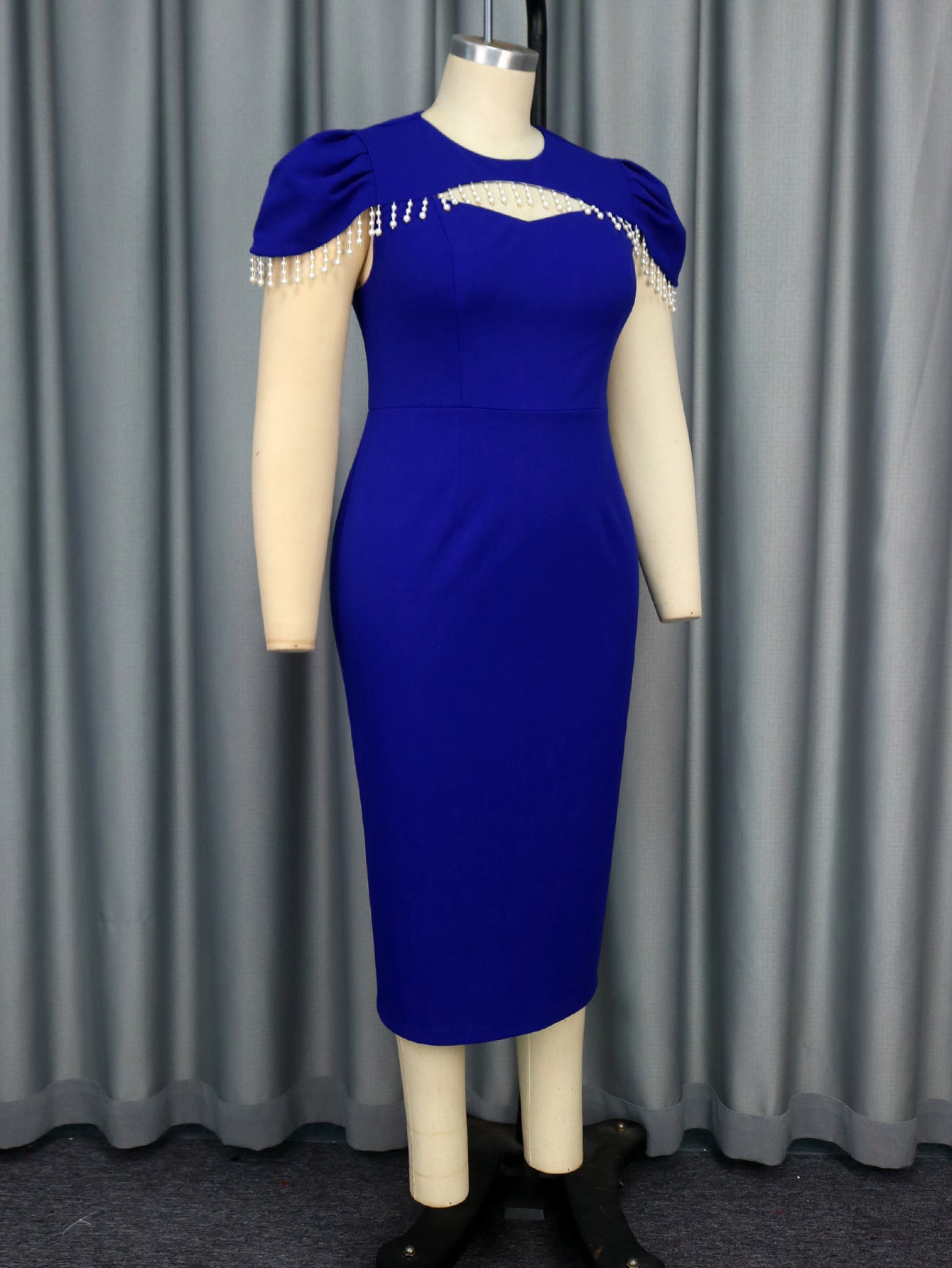 Women Round Neck Beaded Party Formal Party Hollow Bodycon Dress 4