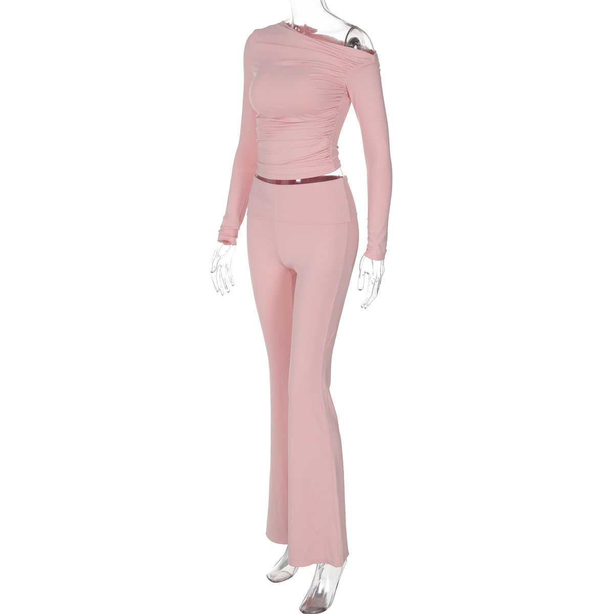 Women Summer Slash Shoulder Long Sleeve Top and Pants Two-piece Set 6