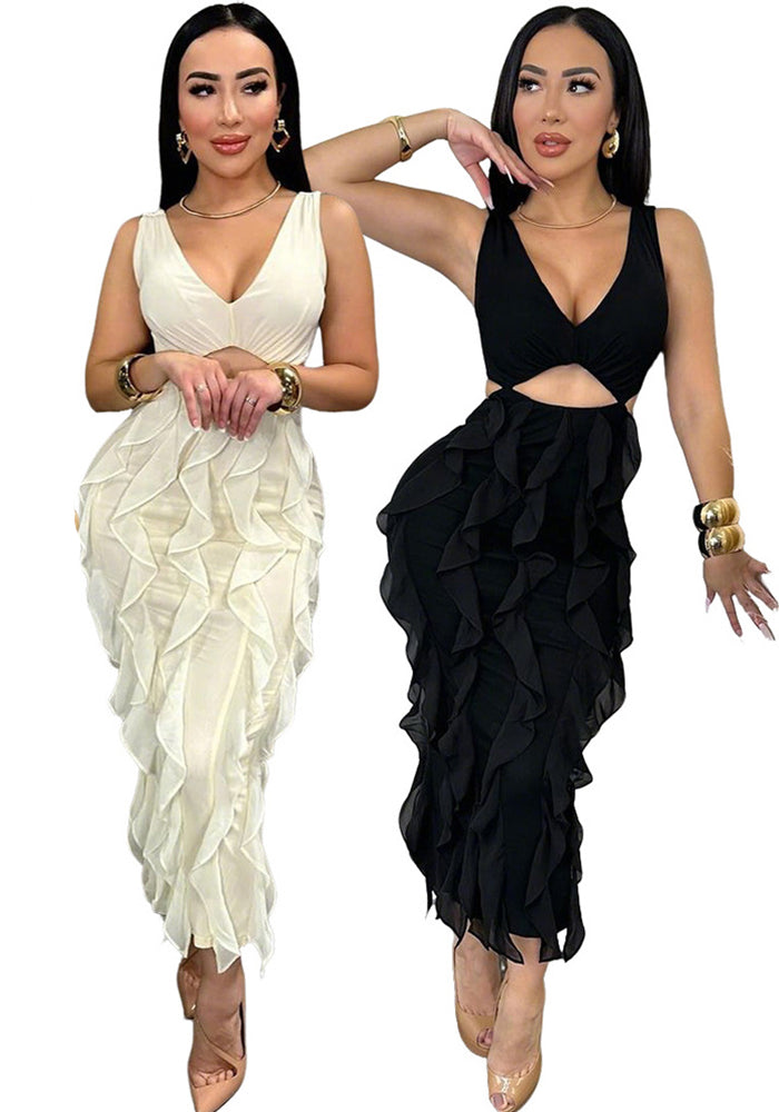 Women Sexy V-Neck Sleeveless Solid Ruffle Slit Dress