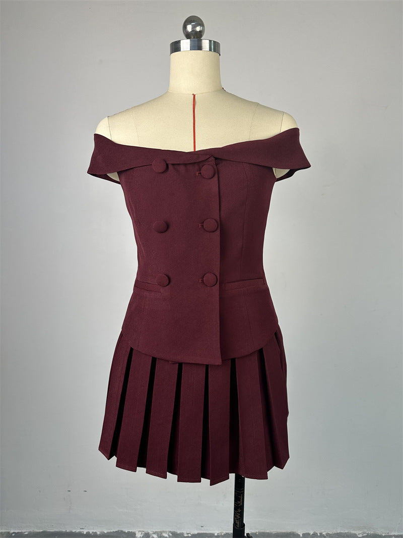 Women summer off-the-shoulder double-breasted Top and pleated Skirt two-piece set 7