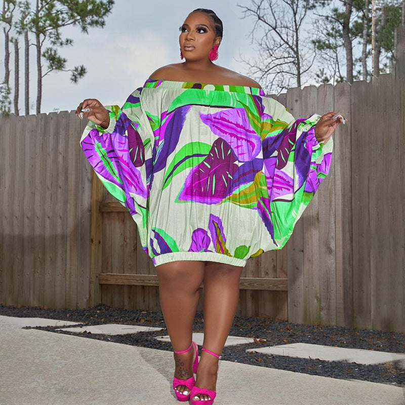 plus size off shoulder printed bat long sleeve loose dress 30