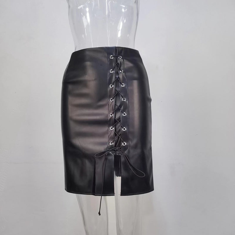 Women Lace-Up High Waisted Bodycon Split Skirt 9