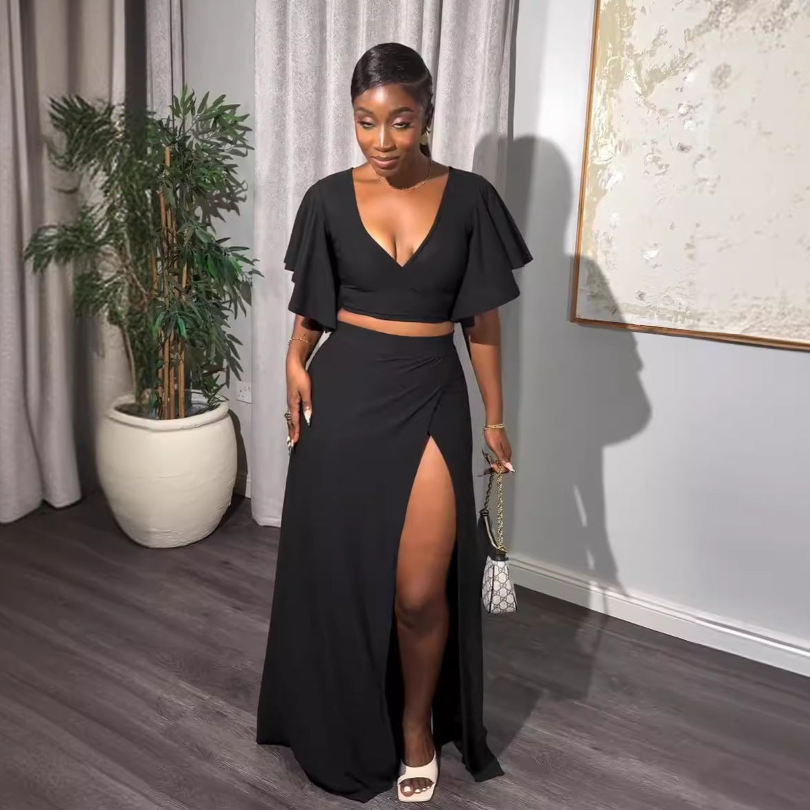 Sexy Solid Color Short Sleeves V-Neck Slit Two Piece Skirt Set 5