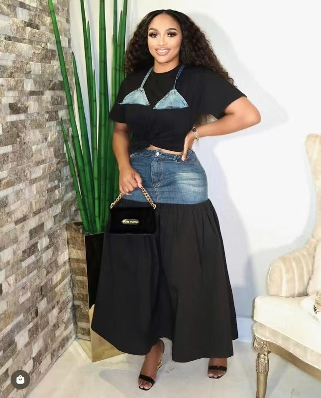 Fashion Denim Patchwork Contrast Color T-Shirt Skirt Two-Piece Set