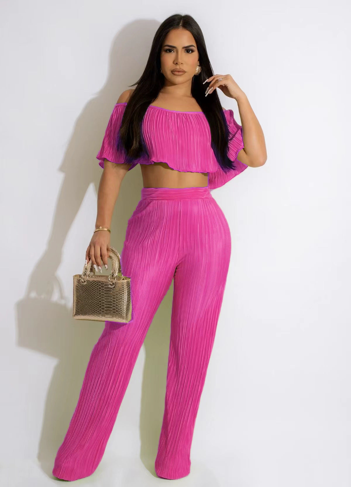 Women'S Solid Color Off-Shoulder Top Bell Bottom Pants Two-Piece Set 5