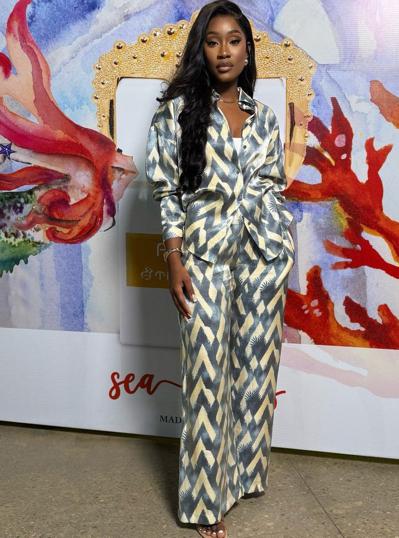 Spring Autumn African Print Long-Sleeved Shirt Trousers Two-Piece Set