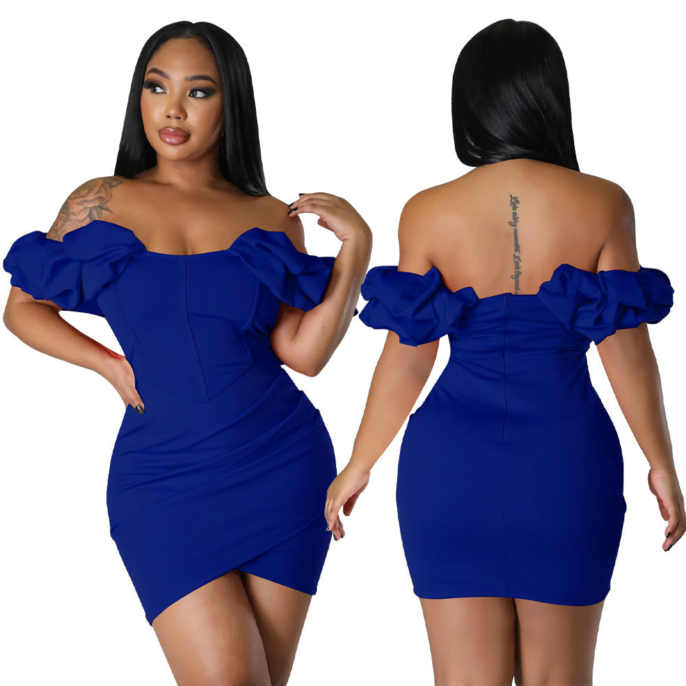 Fashion Ladies Solid Color Petal Sleeves Sexy Slim Waist Herringbone Dress 13