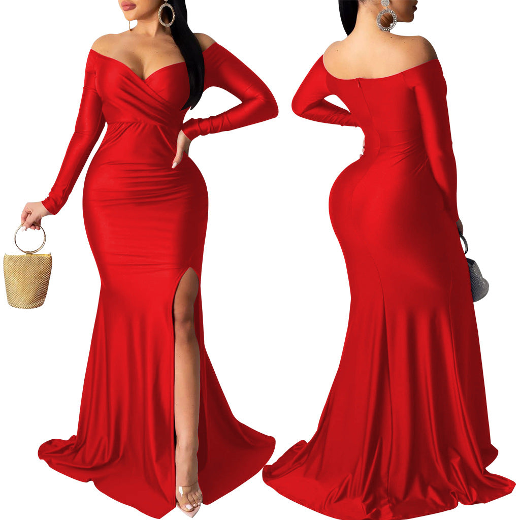 Sexy Fashion Big V-Neck Solid Off Shoulder Slit Evening Dress 15