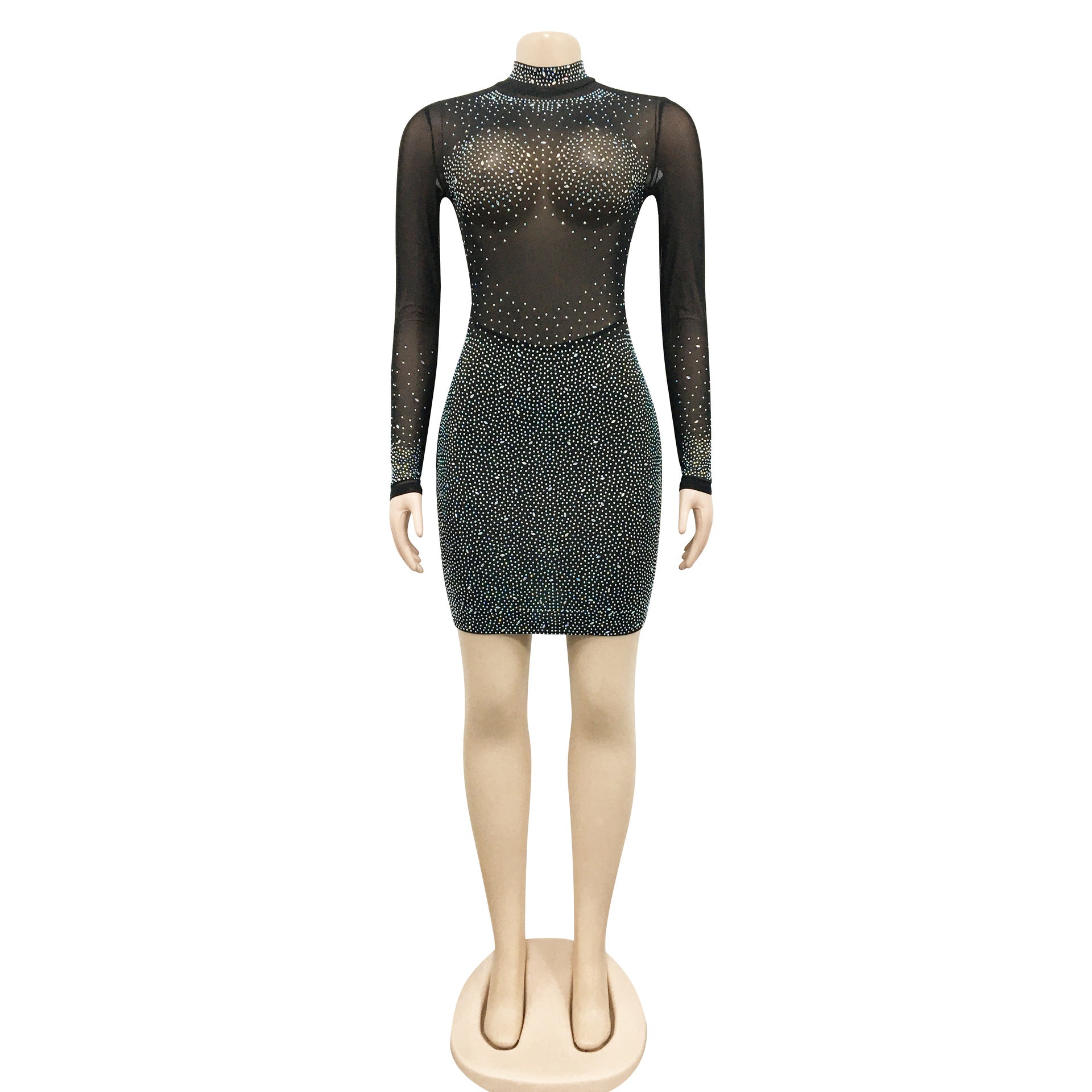 Sexy Nightclub Women Clothes Beaded Mesh See-Through Round Neck Long Sleeve Midi Dress 11