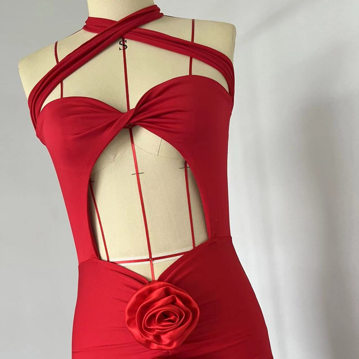 Women Flower Cross Halter Neck Hollow Sexy Plunging Pleated Dress 13