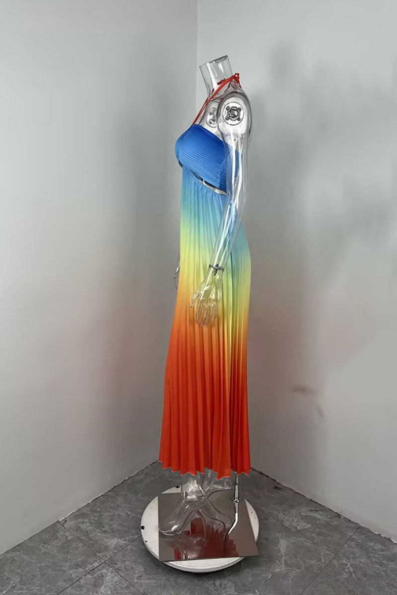 Women summer gradient Halter Neck pleated beach Holidays Maxi Dress 22