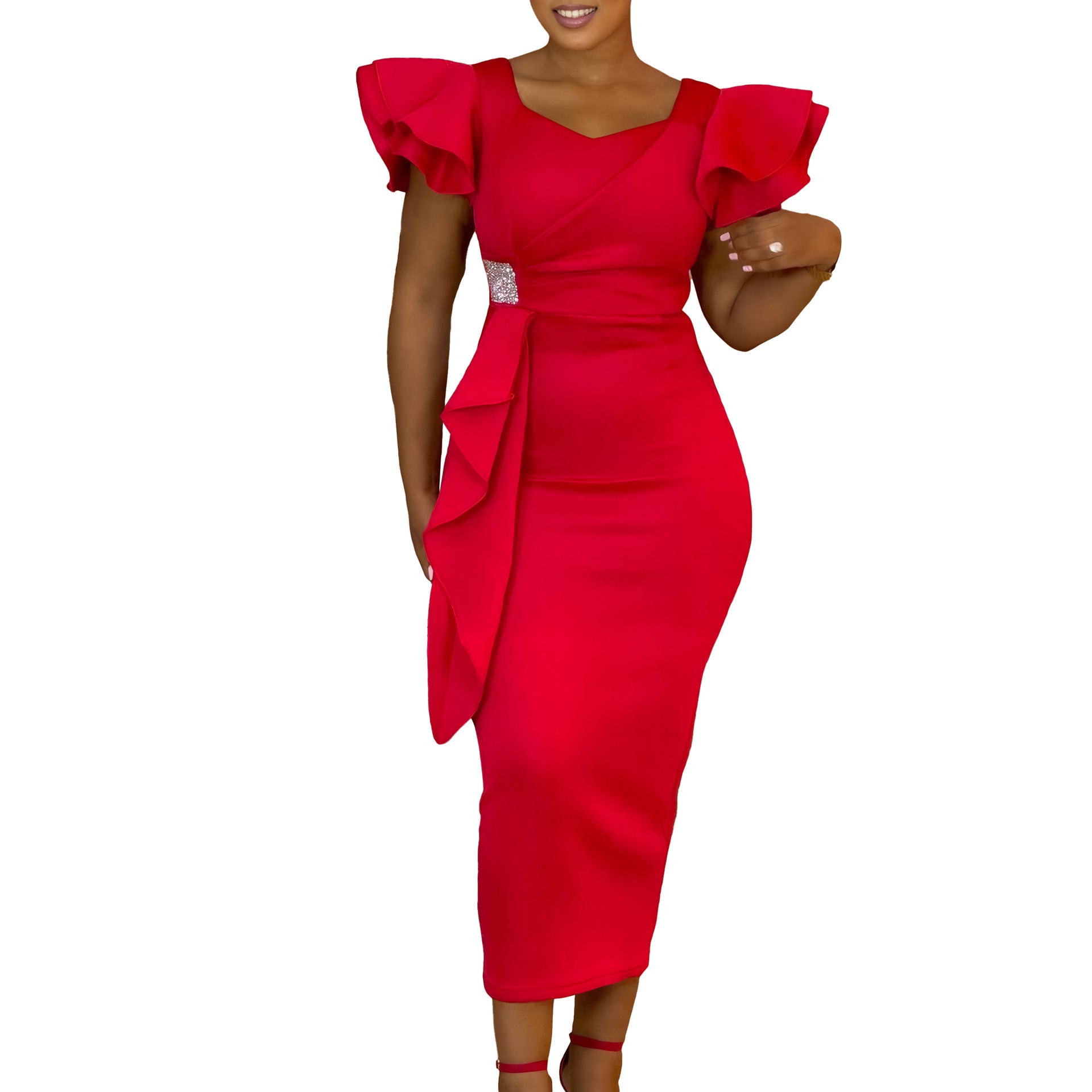 Women Elegant Ruffle Solid Bodycon Dress 10
