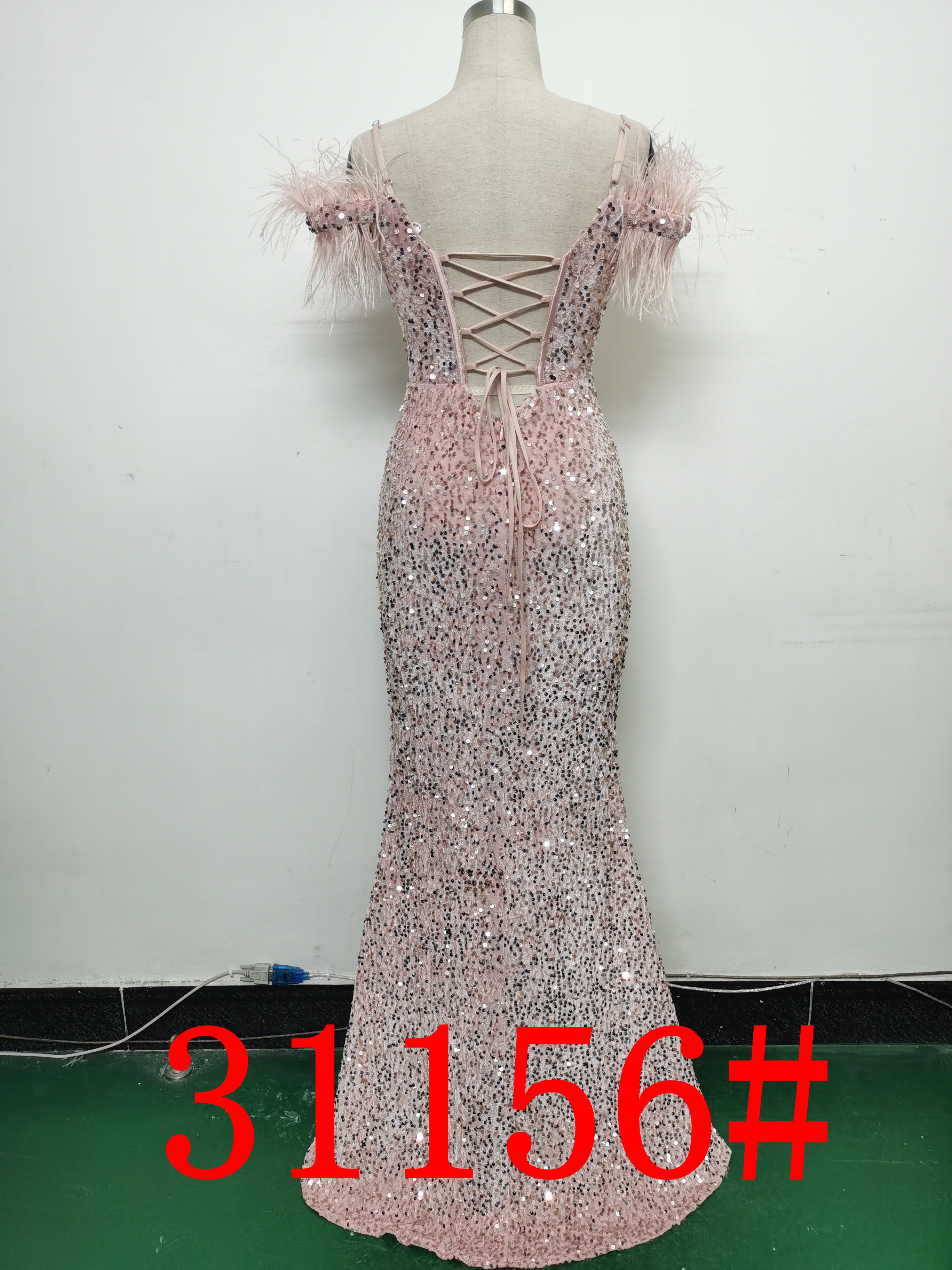 Women Herringbone ostrich velvet sequined mermaid evening dress 23