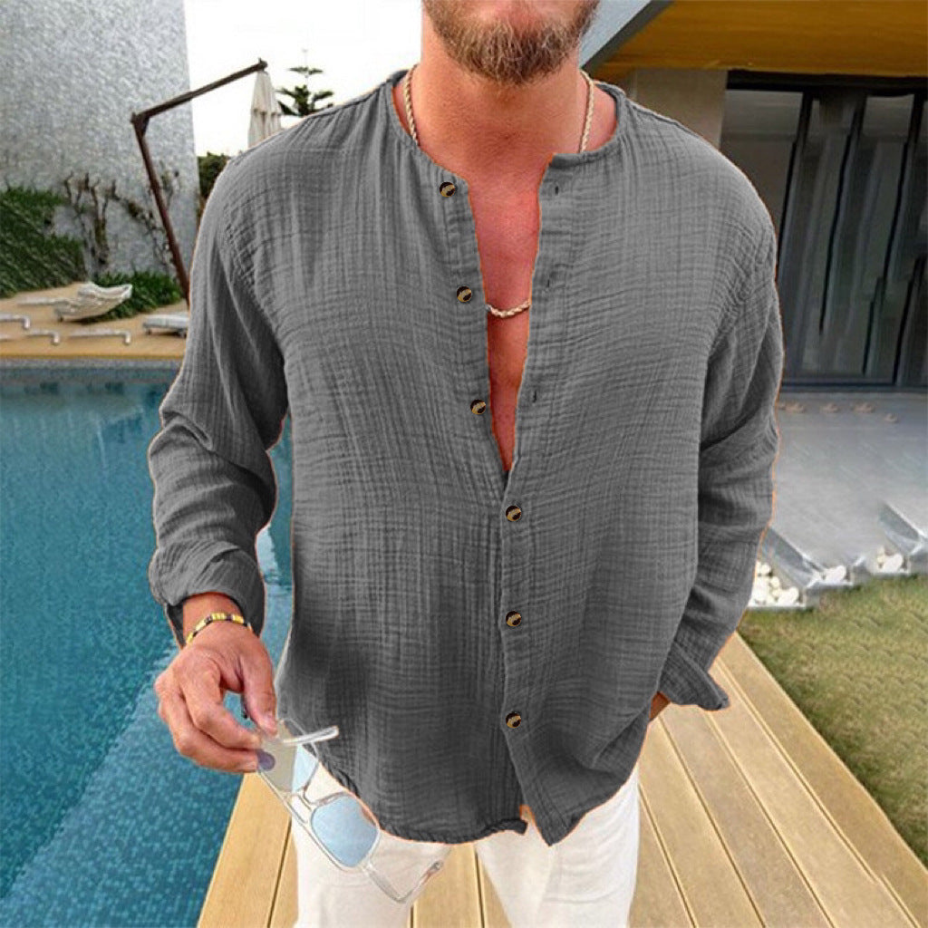 Spring Autumn Texture Men's Loose Casual Stand Collar Long-Sleeved Shirt 4