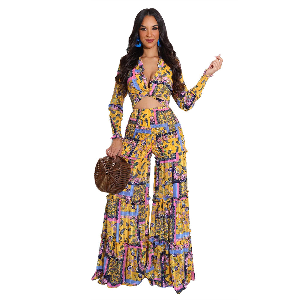 Women chiffon irregular printed long-sleeved top and wide-leg pants Casual two-piece set 15
