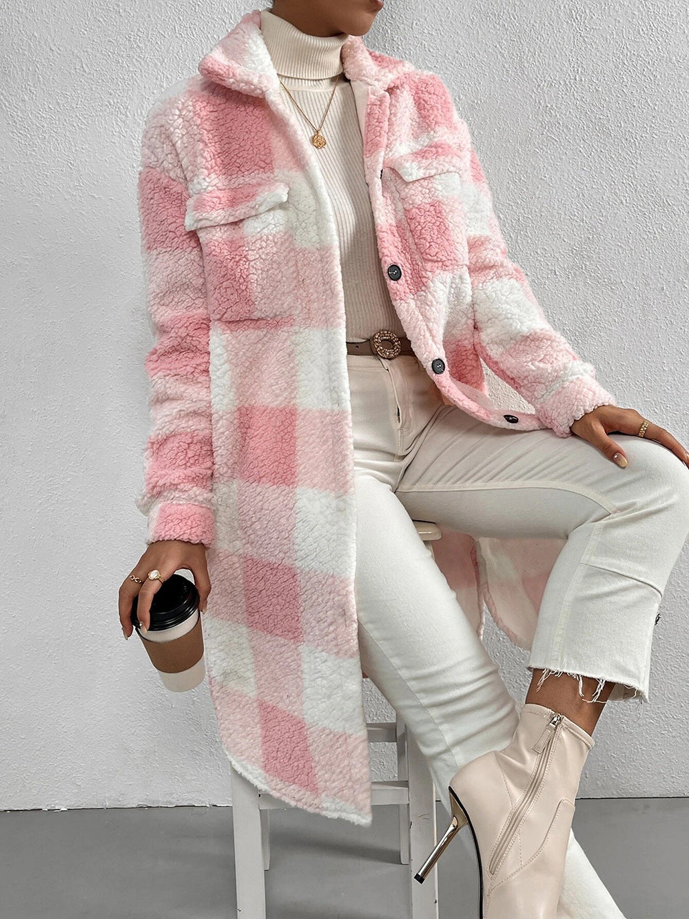 Autumn And Winter Open Button Turndown Collar Plush Plaid Coat Loose Chic Long Jeacket For Women 8