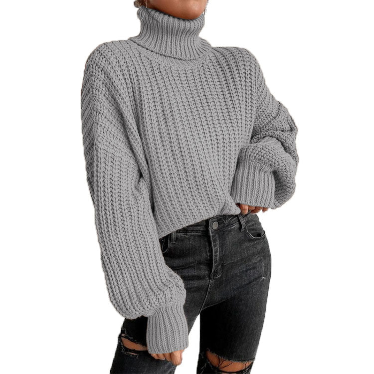 Autumn and Winter Fashion Shoulder Drop Long Sleeve Knitting Loose Pullover High Neck Sweater 3