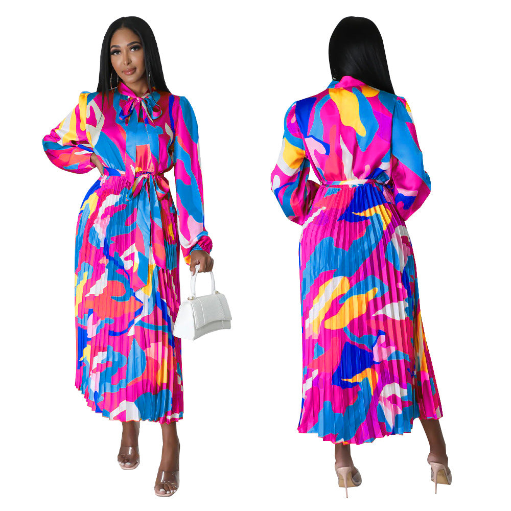 Women's Tie Long Sleeve Printed Pleated Dress