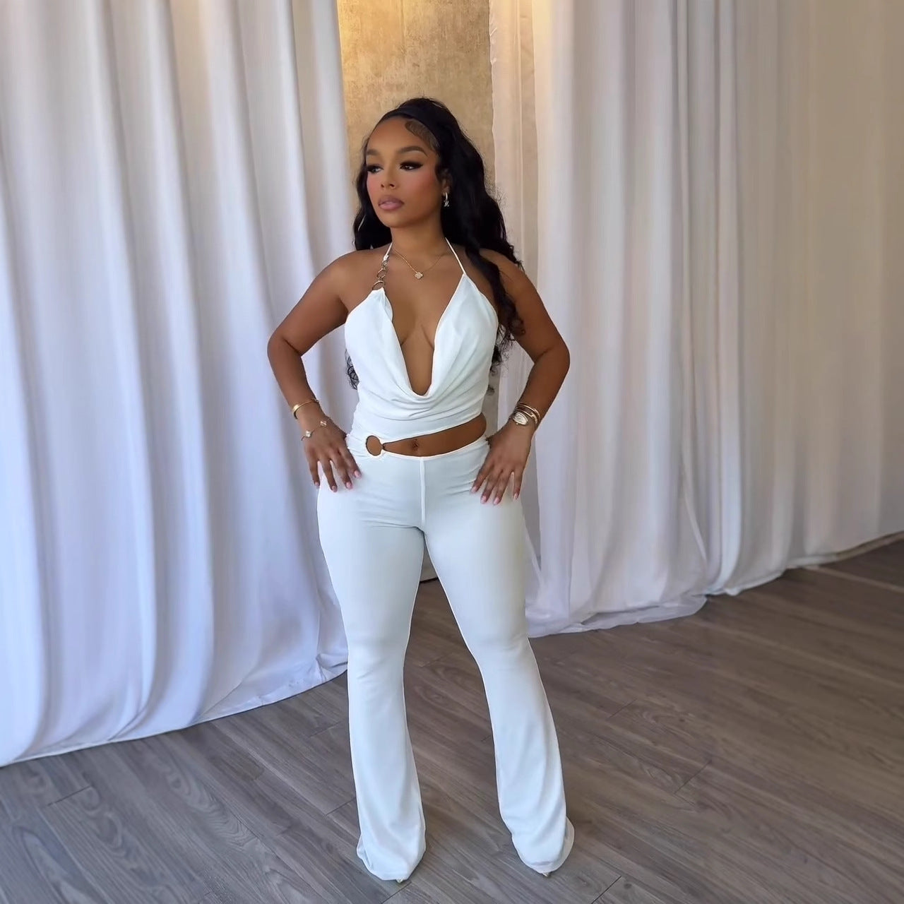 Elegant Sexy Slim Elastic Hollow Ring Halter Neck Lace-Up Jumpsuit