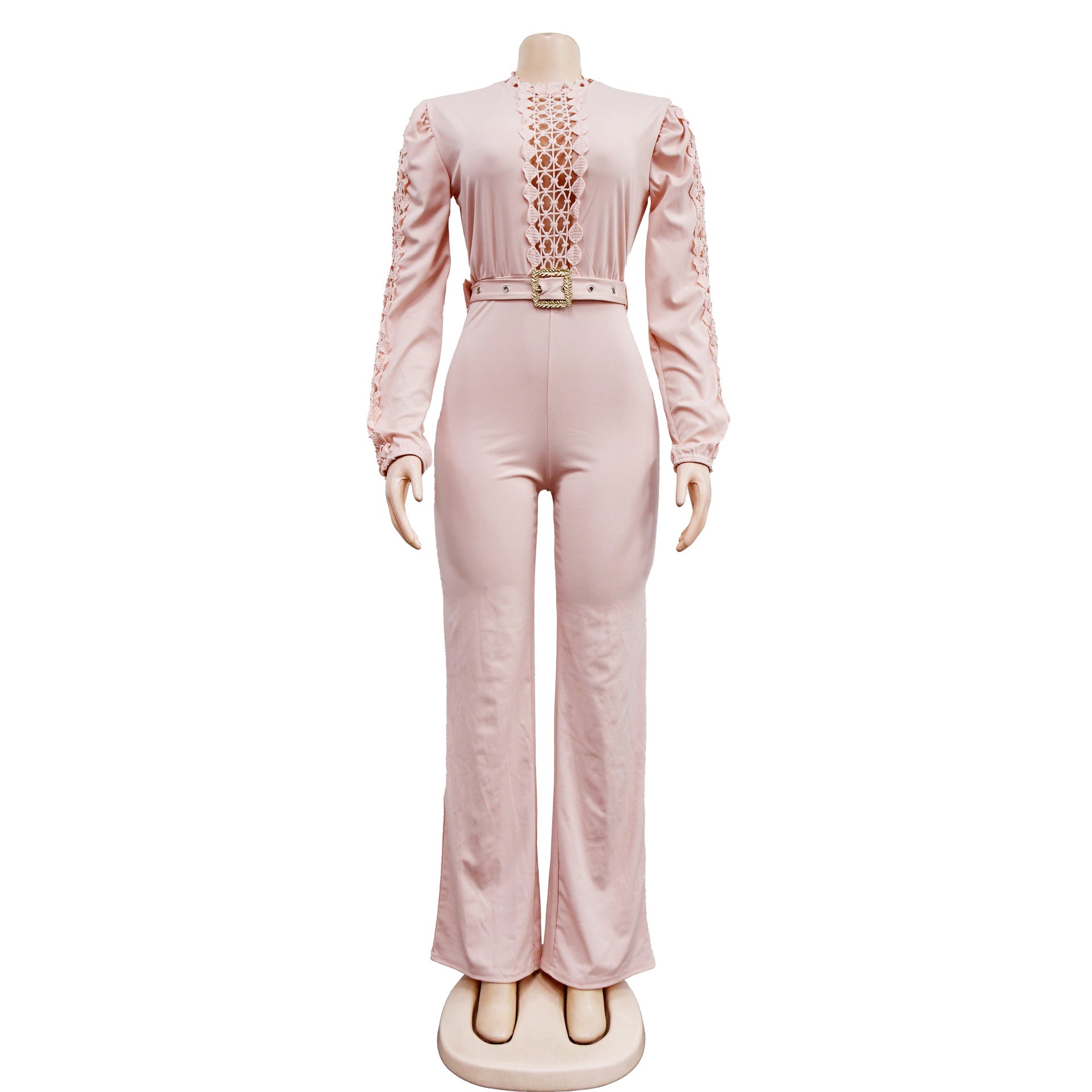 Women Belt Lace Cutout Solid Long Sleeve Jumpsuit 19