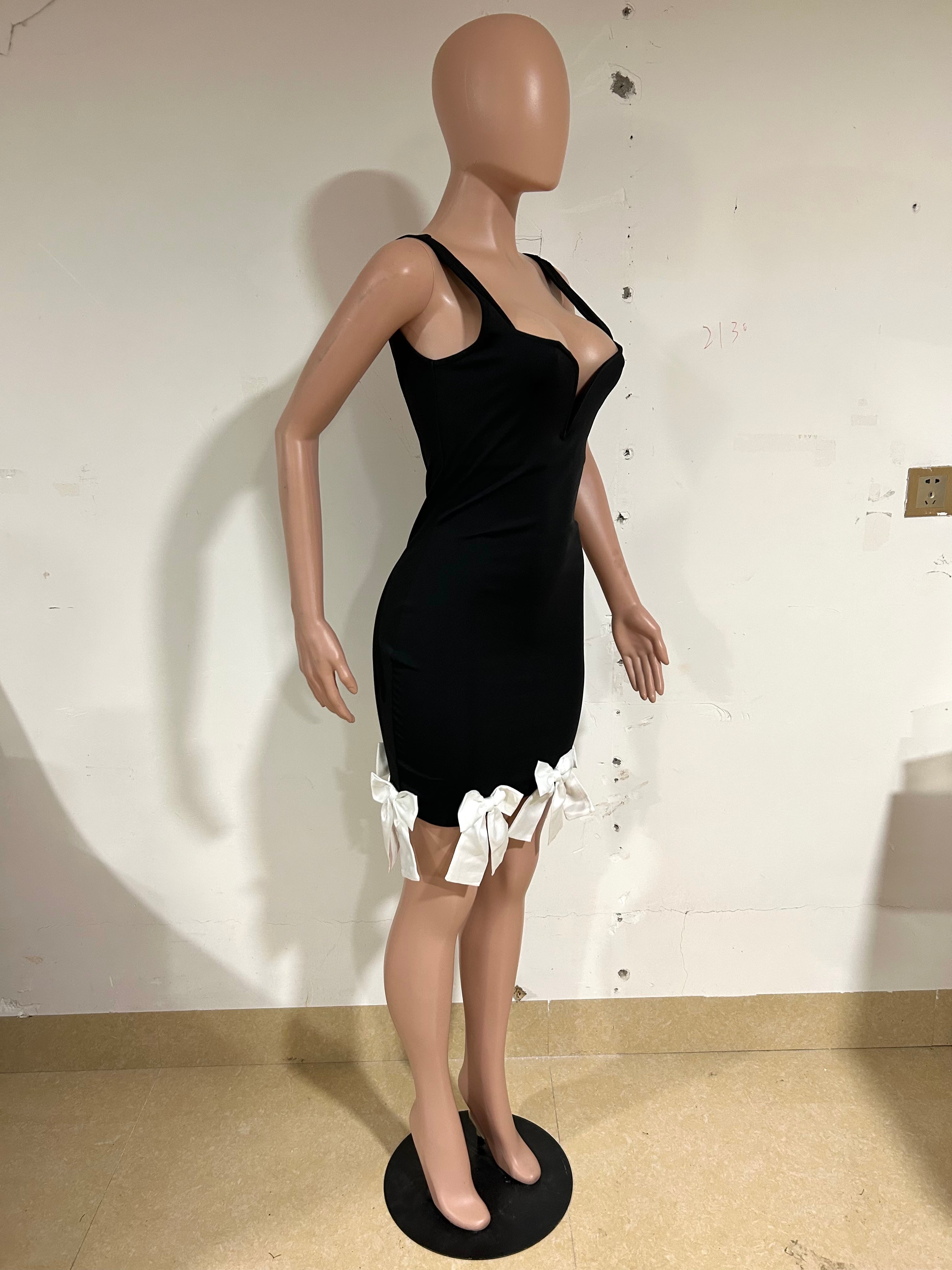 Women Metal V-Neck Sexy Suspender Bow Tassel Bodycon Dress 8