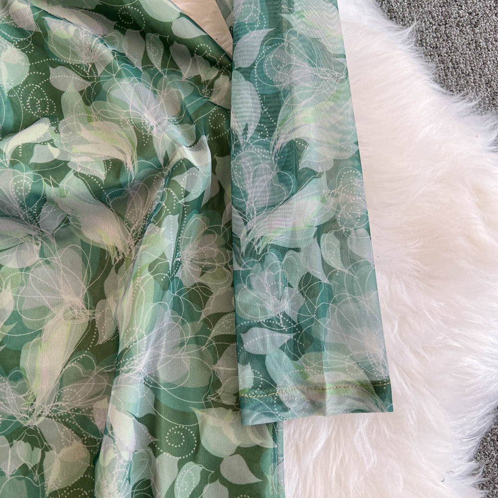 Women French Style Long-Sleeved V-Neck Lace-Up Maxi Print Bodycon Dress 16