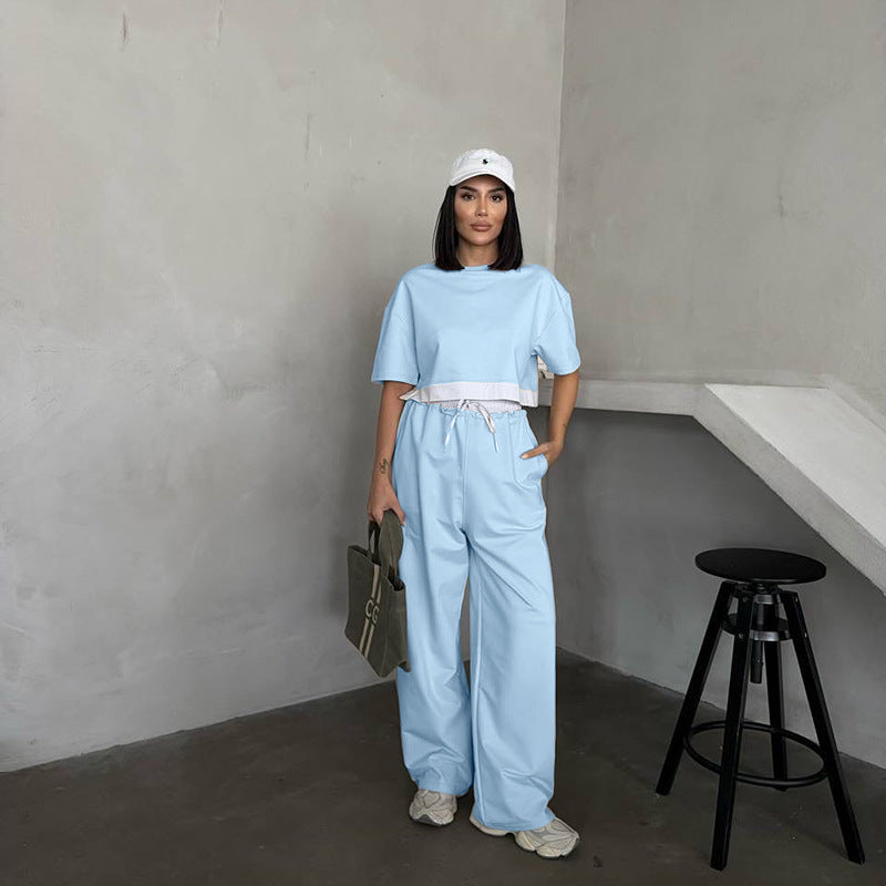 Women Summer Solid Round Neck Short Sleeve Top and Casual Wide Leg Pants Two-Piece Set 6