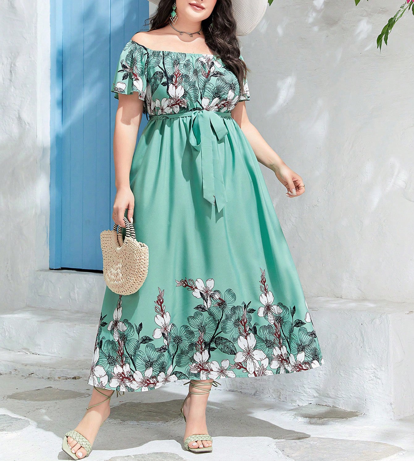 Off Shoulder Slim Waist Print A-Line Plus Size Elegant Chic Holidays Long Dress