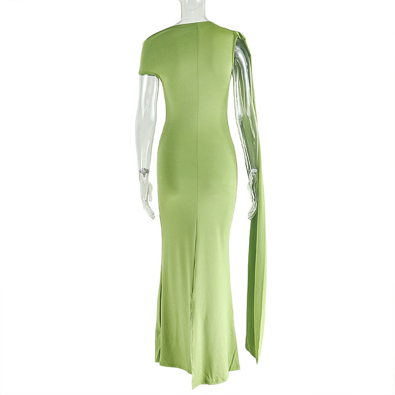 Women Elegant Slash Shoulder Solid One Shoulder Dress 6