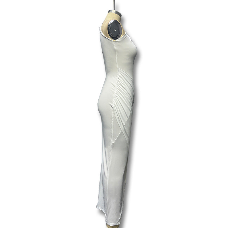 Summer Women's Solid Color Casual Slash Shoulder Sleeveless Slim One Shoulder Long Dress 10