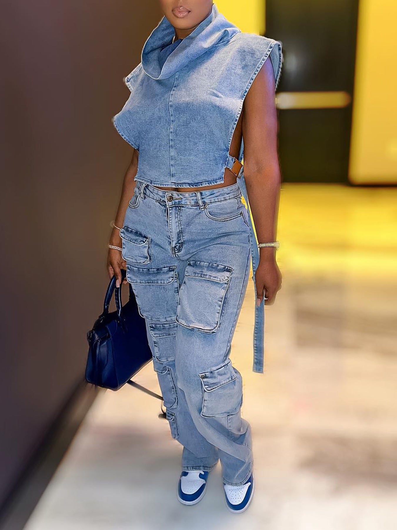 Women's Sexy Trendy Multi-Pocket High Stretch Denim Straight Cargo Pants 3