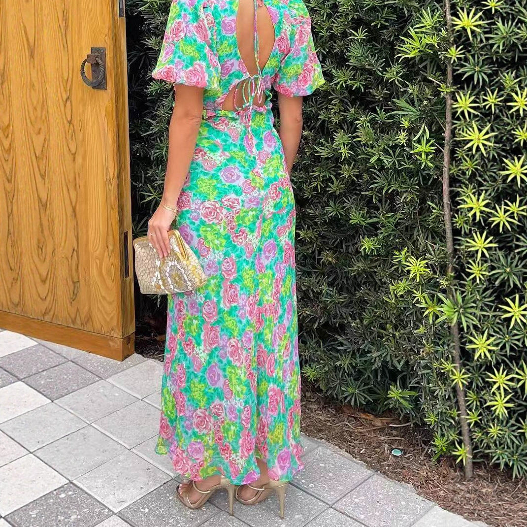 Summer Puff Sleeve V-Neck Print Dress 5