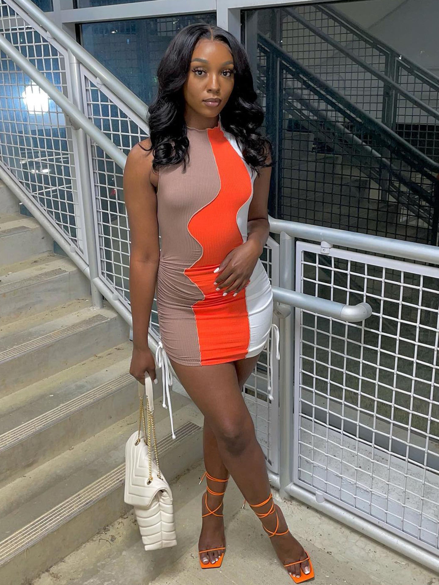 Women Sexy Ribbed Contrast Patchwork Bodycon Dress 6