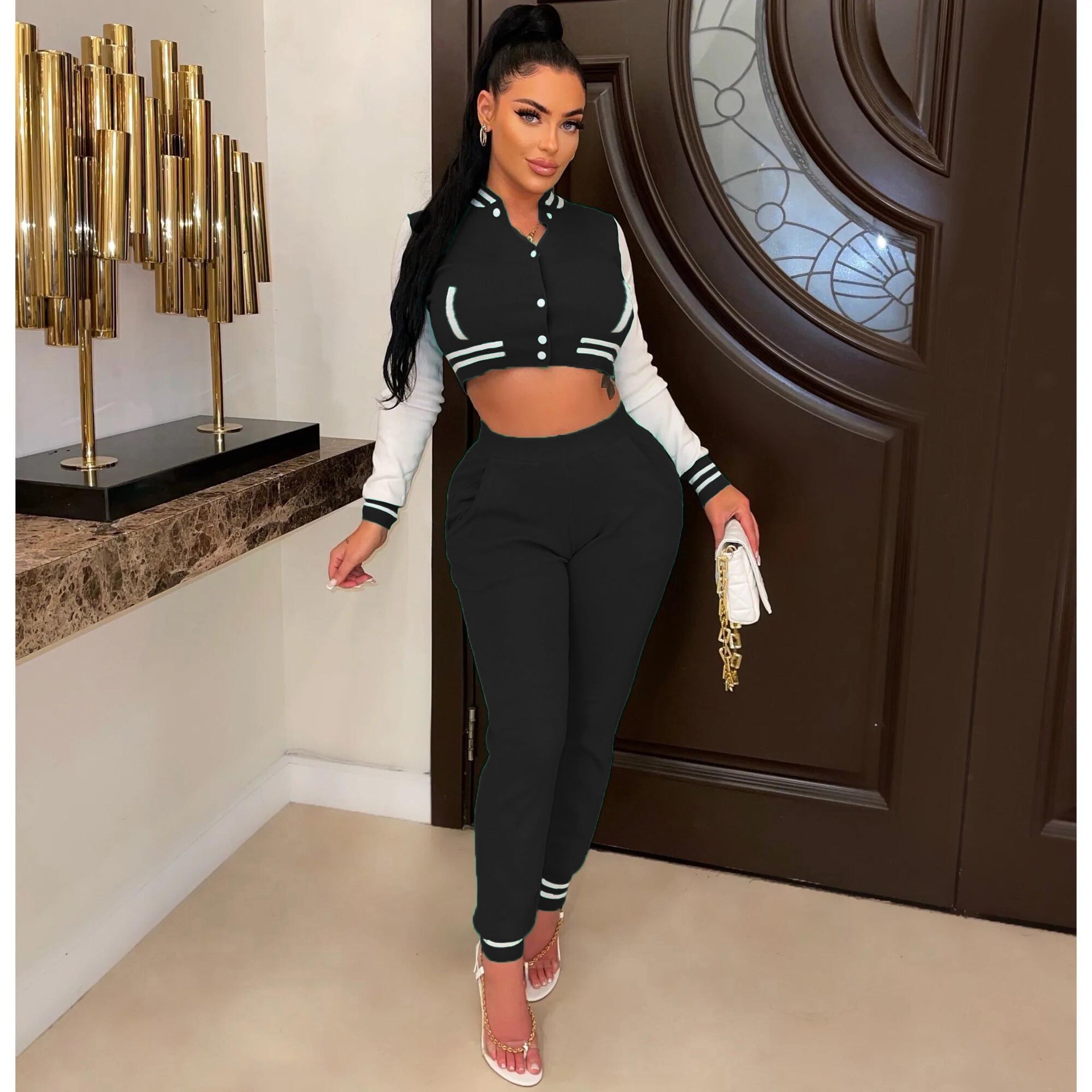 Women's Winter Fashion Ribbed Multicolor Baseball Uniform Set 16